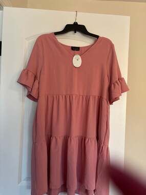 LTX Sportswear Mauve Pink V-Neck Ruffle Sleeve Tiered Babydoll Mini Dress